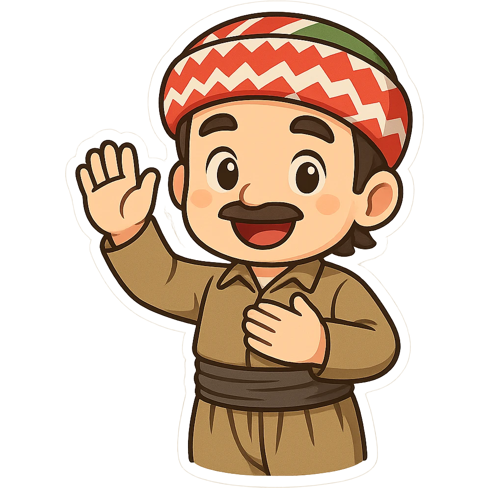 cartoon Kurdish man in traditional Kurdish clothing greeting with hand raised or hand on chest, colorful and cheerful, no text, sticker style suitable for WhatsApp and Instagram emoji