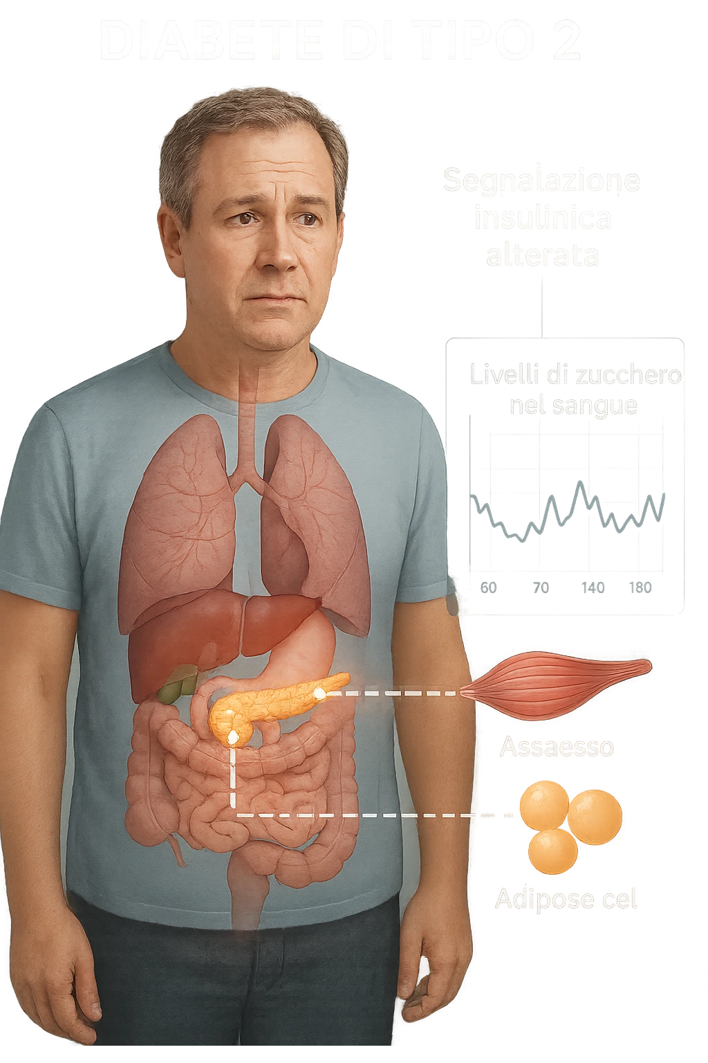 a middle-aged man stands in a clinical setting, with a semi-transparent overlay showing his internal organs. His pancreas is highlighted, and glowing lines or icons indicate disrupted insulin signaling between the pancreas and muscle or fat cells. The man’s expression is slightly concerned, and a digital chart beside him displays fluctuating blood sugar levels. The lighting is realistic, with a clean, modern medical background. scritte in italiano emoji