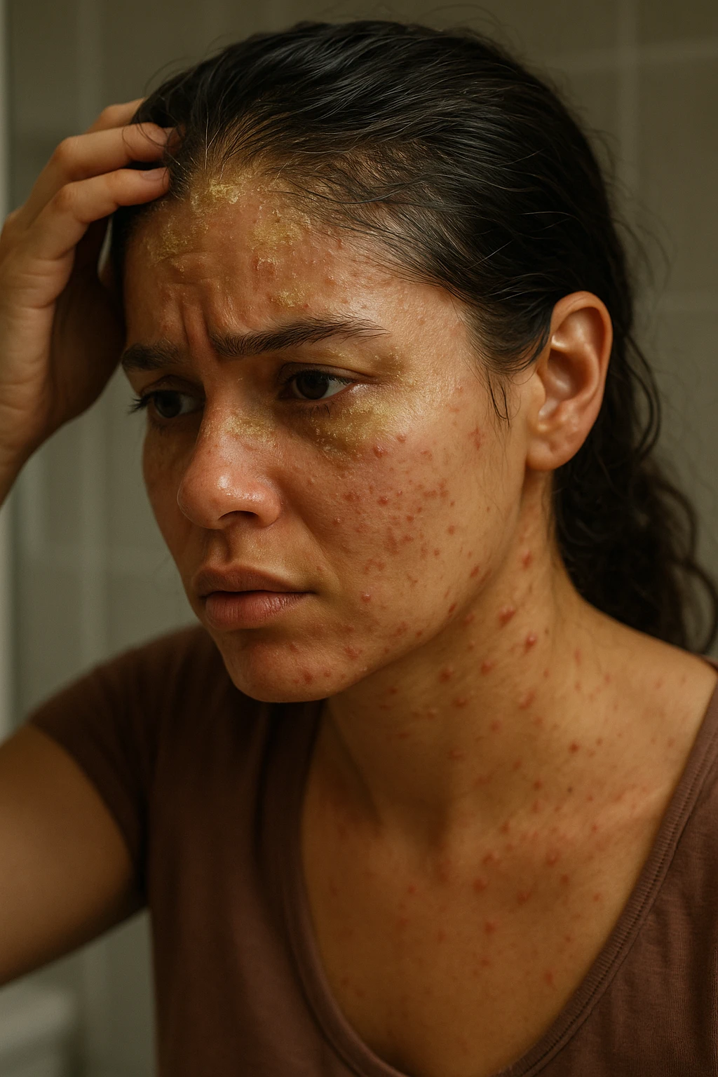 A highly realistic, cinematic close-up portrait of a young woman in her late 20s with medium skin tone, displaying visible folliculitis and seborrheic dermatitis. Small, red, inflamed follicular papules and pustules are scattered along her hairline, jawline, and upper neck, indicating folliculitis. Her scalp and areas around the nose and eyebrows show flaky, greasy yellowish scales, with redness and irritation, indicating seborrheic dermatitis. Her hair appears slightly greasy and clumps near the scalp, emphasizing excess sebum production. She gently touches her irritated scalp with concern while looking at herself in a softly lit bathroom mirror, expressing discomfort and frustration. The environment is neutral and clean, with daylight softly illuminating the scene to highlight the skin and scalp texture. The style is 35mm hyperrealistic, with warm neutral tones and shallow depth of field to maintain focus on her skin, inflammation, and emotional expression, visually explaining the physical discomfort and aesthetic concerns of living with folliculitis and seborrheic dermatitis emoji