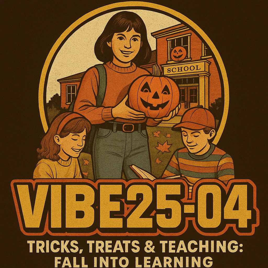 Create a logo that encompasses a retro 80's feel, nostalgic, ALSO RETRO.  Add the words "VIBE25-04: Tricks, Treats & Teaching: Fall Into Learning" emoji