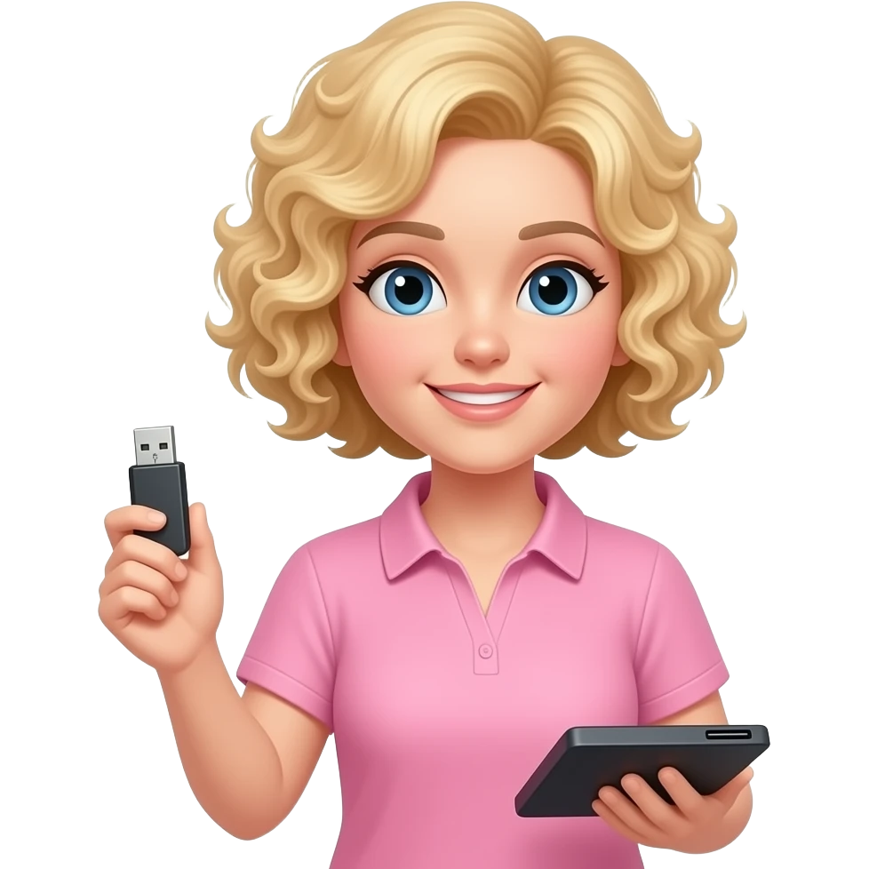 short blonde tight curly hair bob with a USB and DVD player in a pink short sleeve shirt emoji