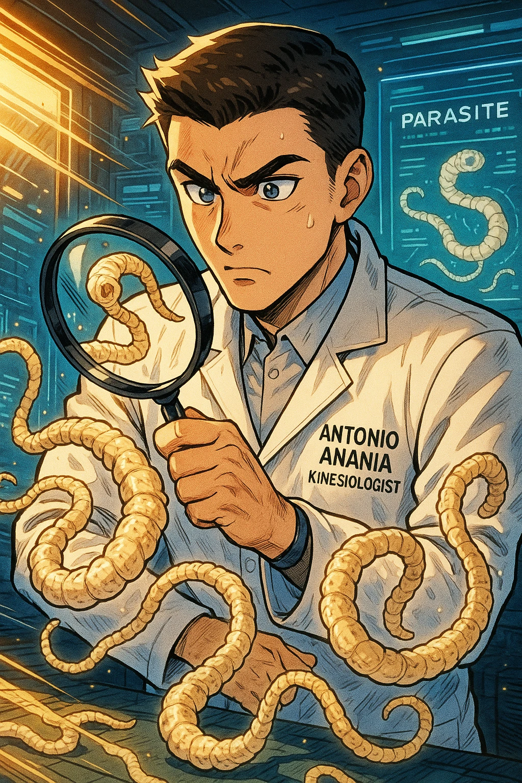 A dynamic manga/webtoon-style illustration of a young male kinesiologist wearing a clean white lab coat, analyzing light beige worms like a tapeworm under a magnifying glass. His expression is focused and slightly intrigued, with sharp, detailed eyes. The art style is vibrant, with bold linework, rich colors, and dramatic lighting. The background is a futuristic laboratory with glowing holographic screens displaying parasite data. The tapeworm is intricately drawn, slimy and segmented, with a slightly exaggerated yet realistic texture. The composition is dynamic, with motion lines or energy effects to emphasize his scientific investigation. The atmosphere is intense but not dark, keeping a balance between scientific seriousness and stylish manga aesthetics, he has "ANTONIO ANANIA" WRITTEN ON WHITE LAB COAT emoji