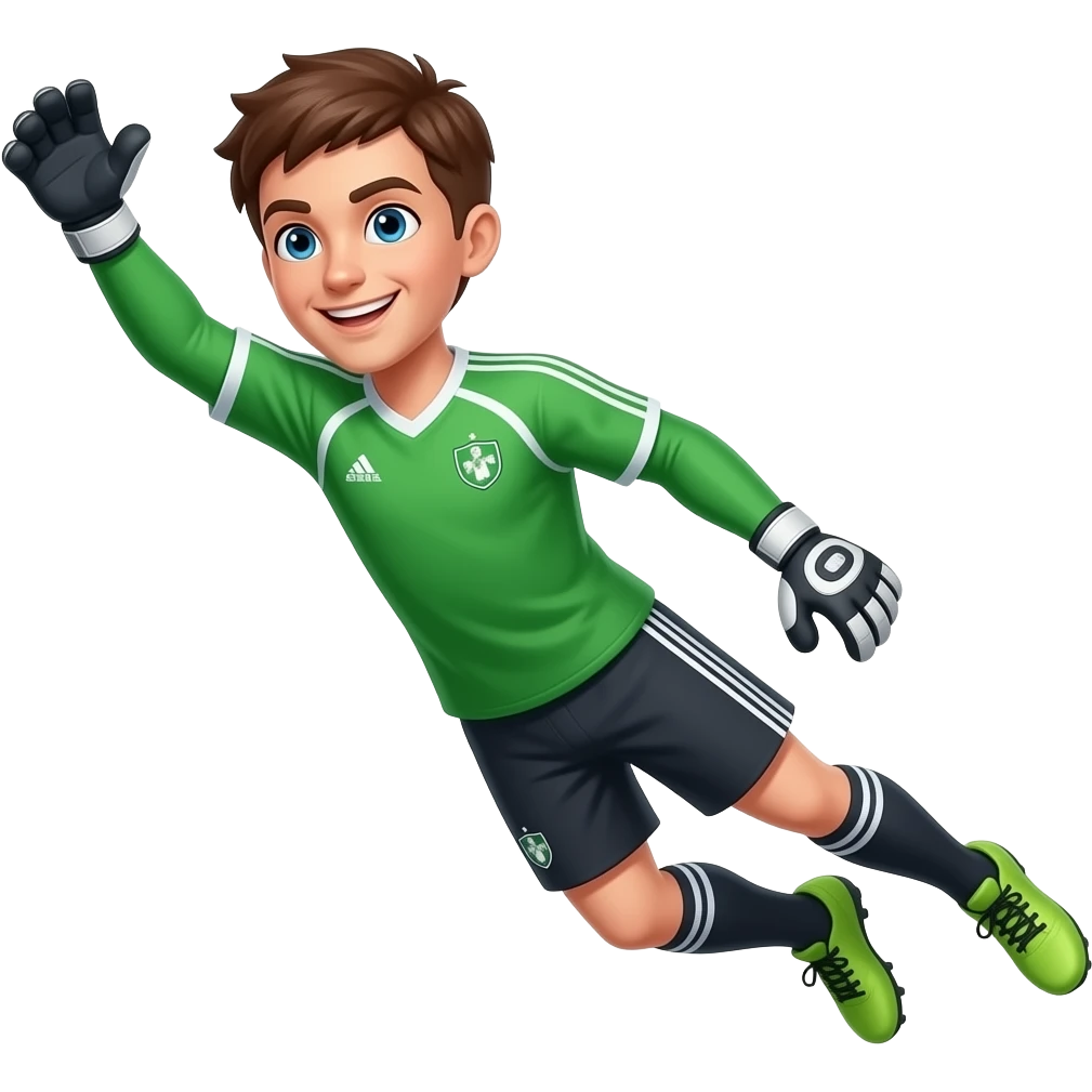 faça umgoleiro de camiseta verde, short conza, olhos azuis, cabelo marron, sorrindo e se jogando para a esquerda, deixando o corpo inclido para a esquerda em um pulo e com a mão para o alto a esquerdanão quero bola na imagem emoji