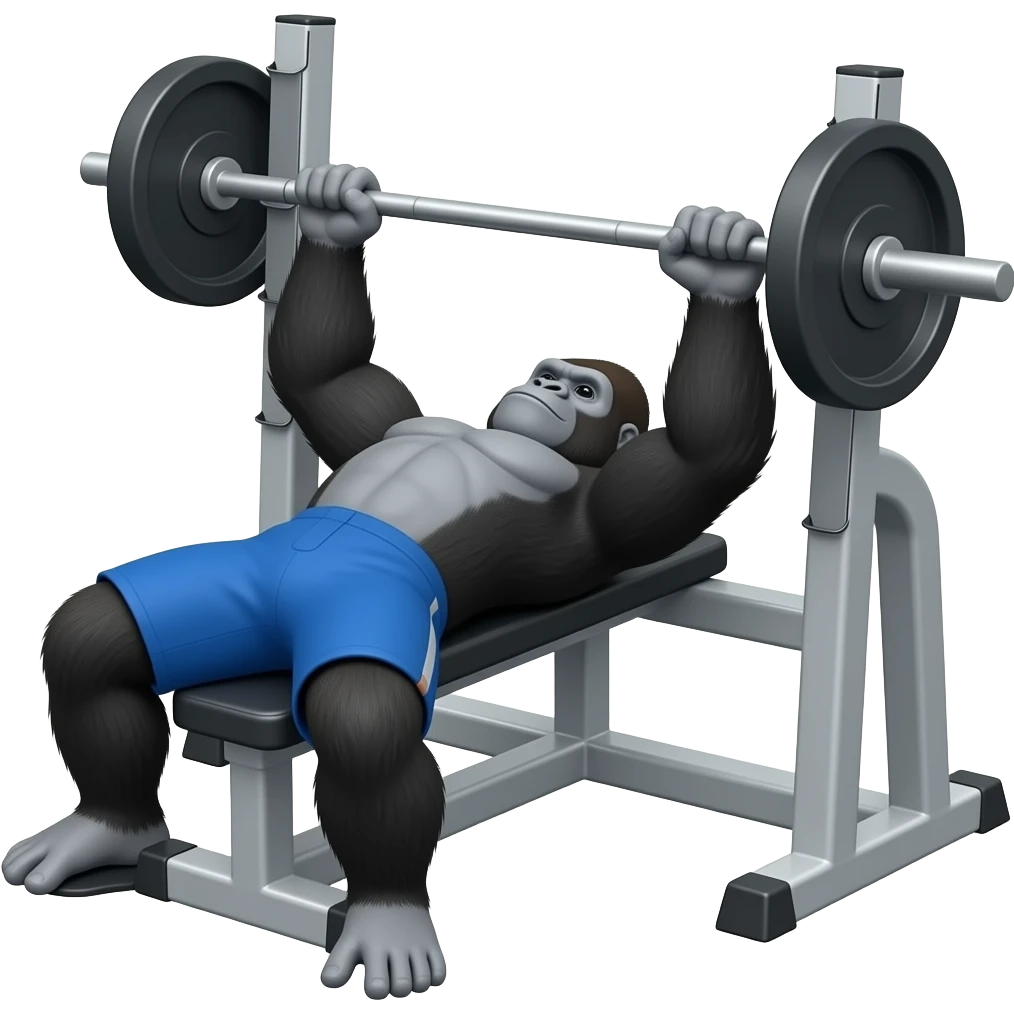 горила качок робить жим лежачи, вона в шортах під кутом emoji