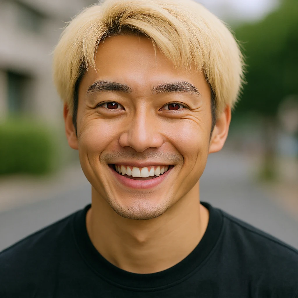 Make the Japanese man with red eyes and blond hair wink, smiling, in a realistic portrait style. emoji