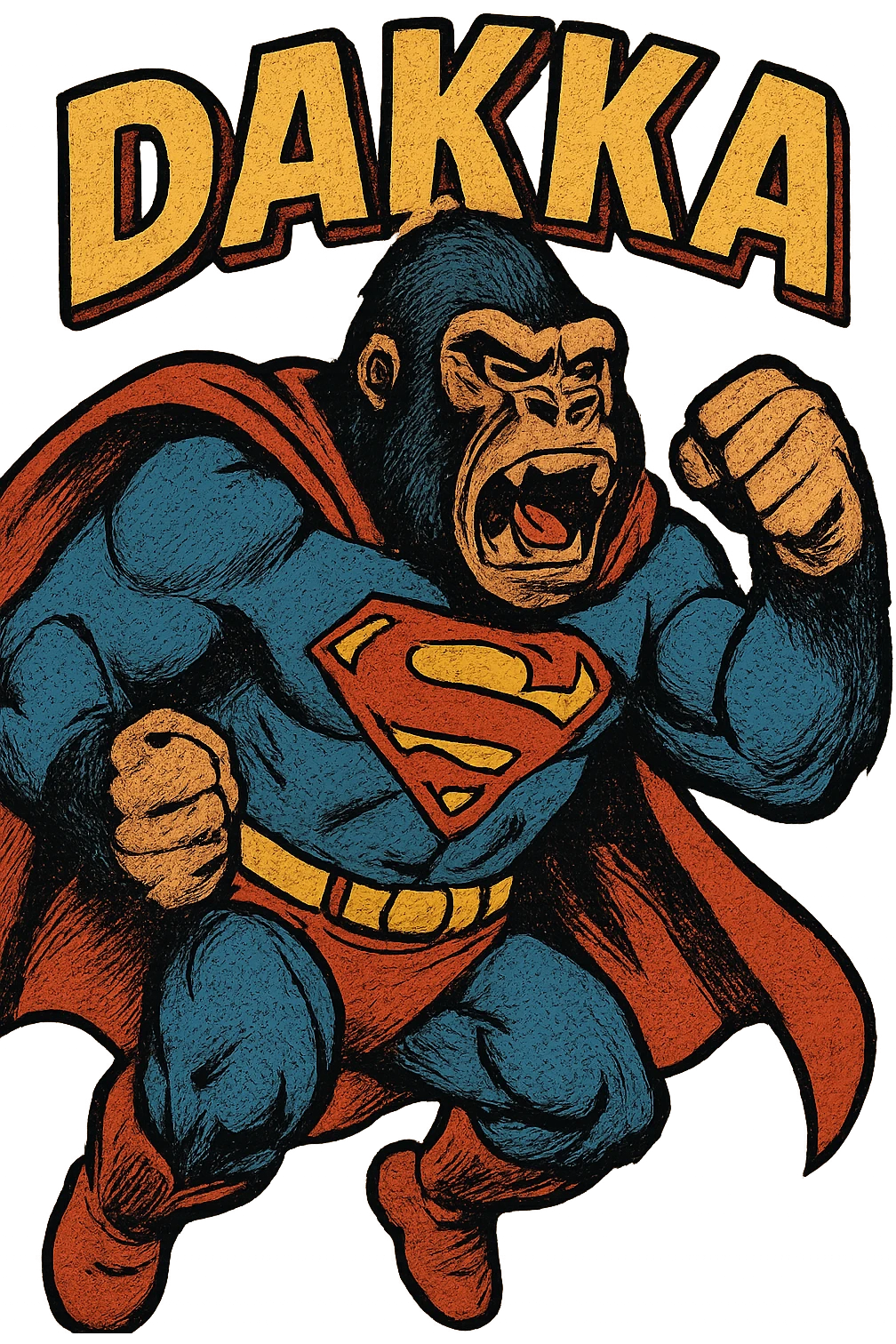 an angry gorilla dressed like superman in a super hero pose with the name DAKKA above it emoji