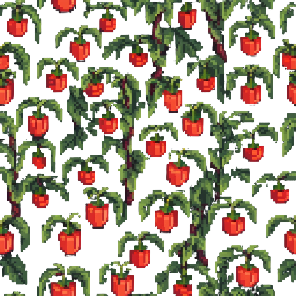Green pepper plant with bright red bell peppers growing on stems emoji
