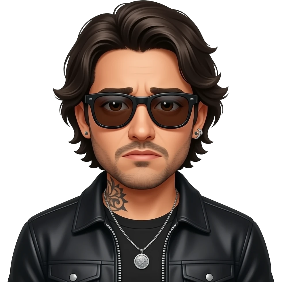 The handsome manly Latino podcast host with medium length hair, a long slightly graying beard and tattoos with his ears pierced 1 time each ear and a nose ring on the right side, dark brown eyes, wearing black, dark sunglasses, and jewelry, sad af emoji