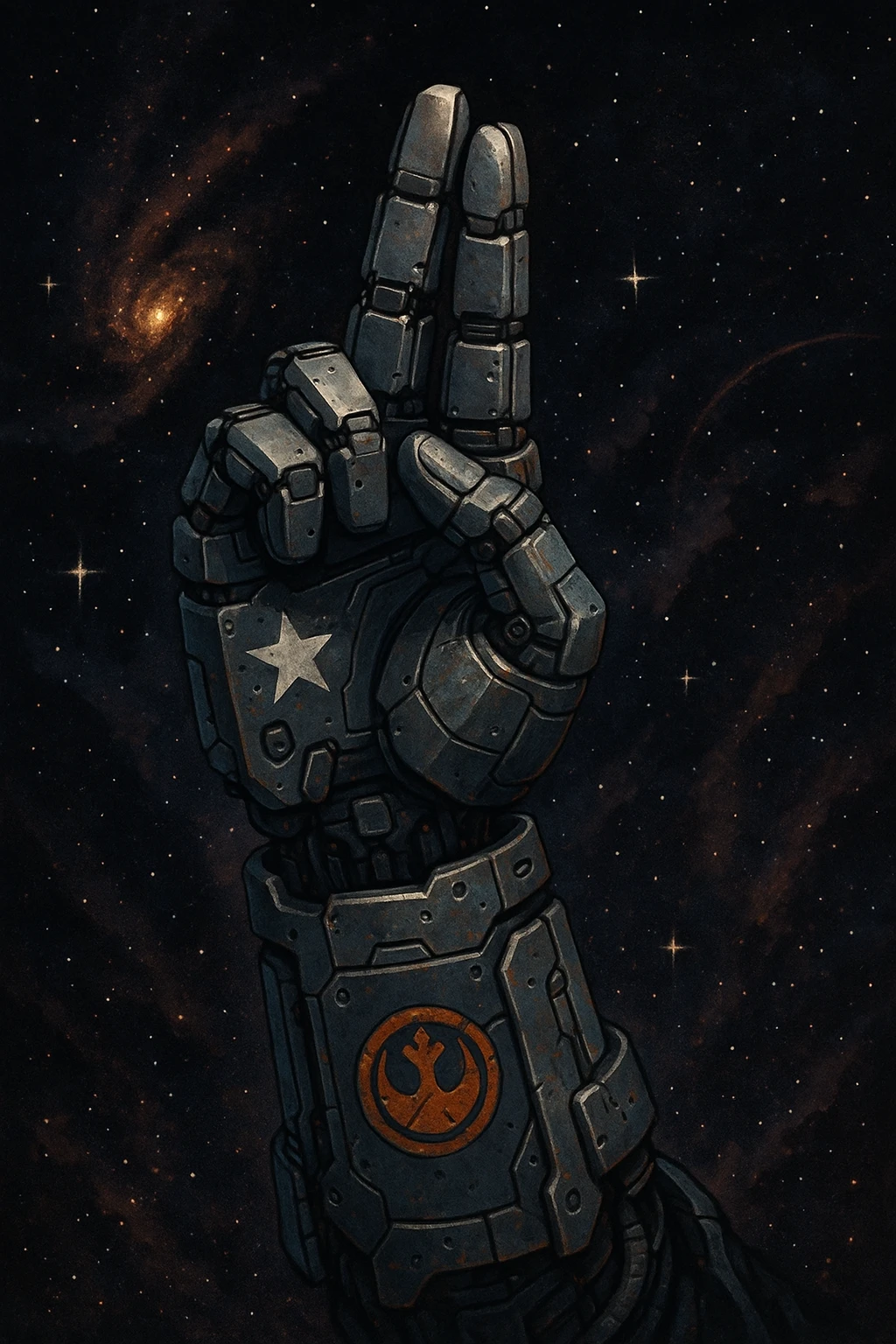 Mano robótica haciendo el gesto de saludo o7, fondo de galaxia, estilo rebelde y futurista, colores oscuros, detalles espaciales emoji