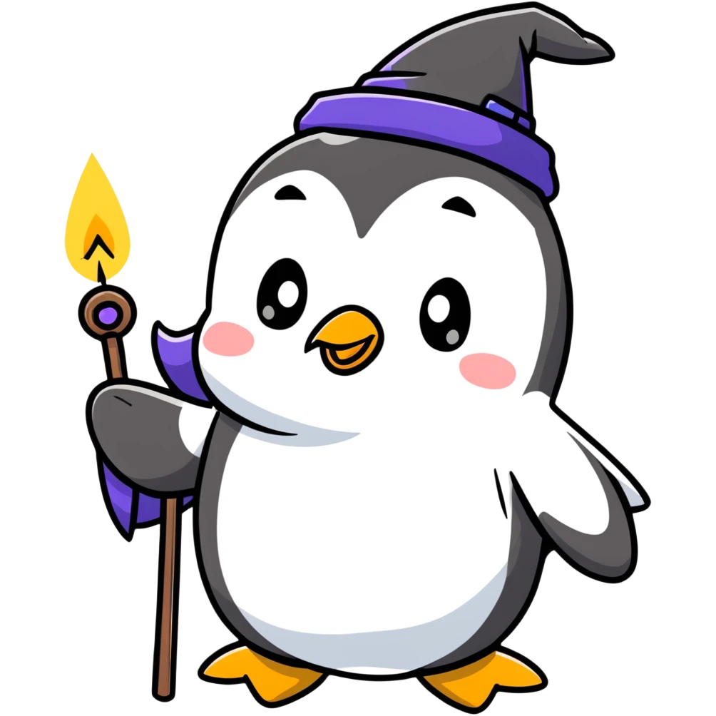cute penguin wizard casting spell with wand emoji