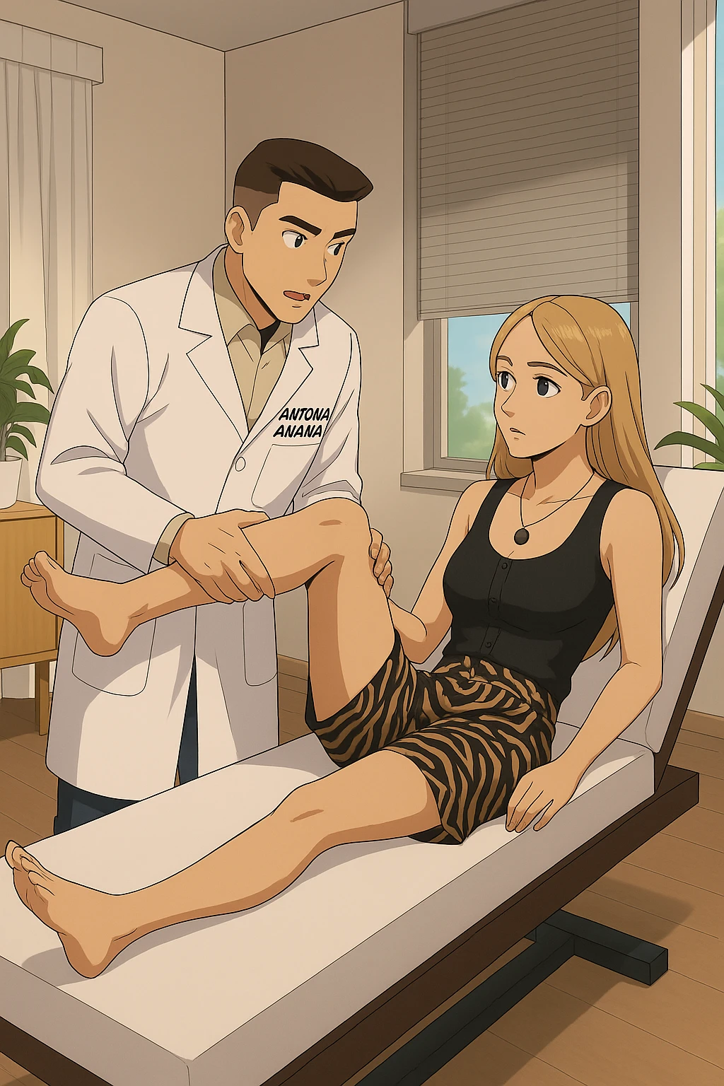 fai un webtoon/manga a colori con questo kinesiologo in camice bianco (fagli la scritta "ANTONIO ANANIA" SUL CAMICE) CHE SVOLGE UN TEST NEUROMUSCOLARE SOLLEVANDO UNA GAMBA ALLA RAGAZZA CHE è STESA SU UN LETTINO BIANCO. STANZA SEMPLICE E MODERNA, DURANTE IL TEST I DUE DIALOGANO TRA LORO. NON FARE I FUMETTI, FAI SOLO LORO COME SE DIALOGASSERO emoji