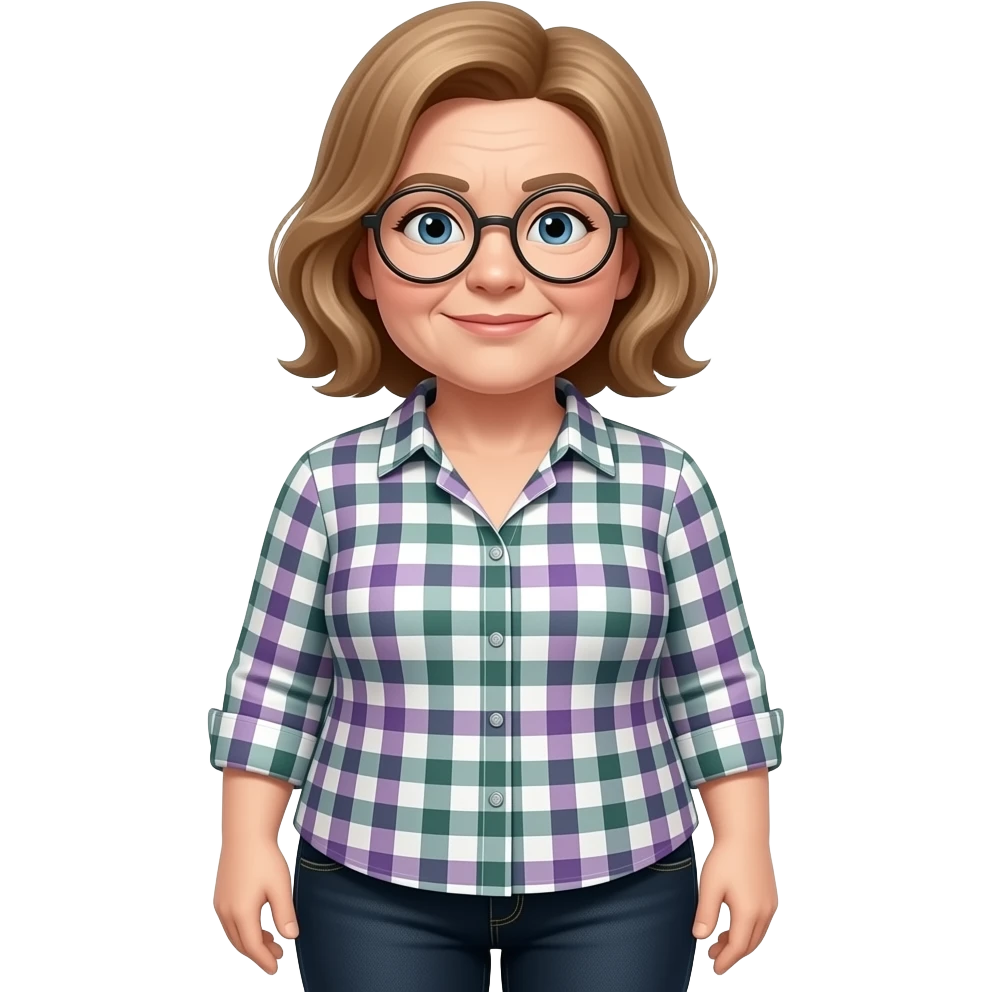 make miss Pevenage with light brown hair she is also a littel fat and she has a pair of rond glasses and she has a blouse with purple, green and white lines and black jeans and make the face thicker and make wrinkles emoji
