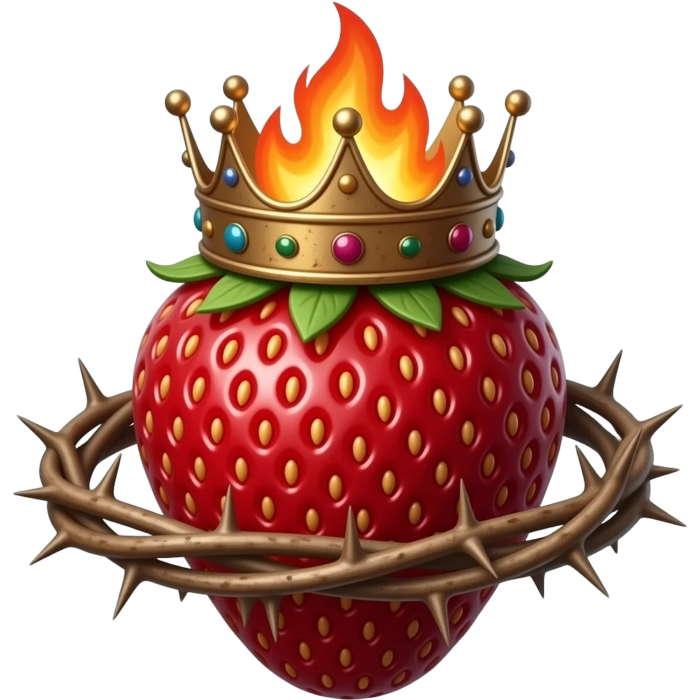 cinematic realistic -a dark strawberry with a rusty, richly decorated English royal crown on top that is flaming. An oversized crown of thorns is wrapped around the strawberry's body and is spinning around its body emoji