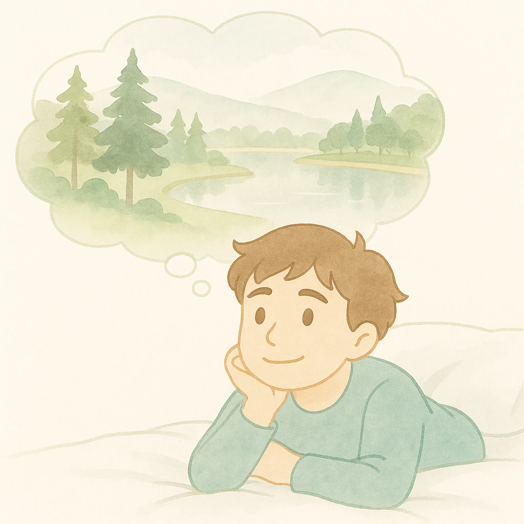 Create an image of the same guy lying on a bed with a hopeful expression, daydreaming about Da Lat. Include a dreamy thought bubble above his head showing Da Lat scenery with pine trees, hills, and Xuan Huong Lake. Maintain the soft watercolor illustration style with pastel colors, delicate linework, a gentle, whimsical mood, anime-inspired features, and minimal, soft shading. Do not include any text. emoji