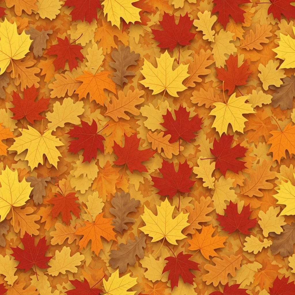 fall leaves seamless background, maple and oak leaves, red orange yellow brown, scattered pattern, soft texture, warm cozy vibe emoji