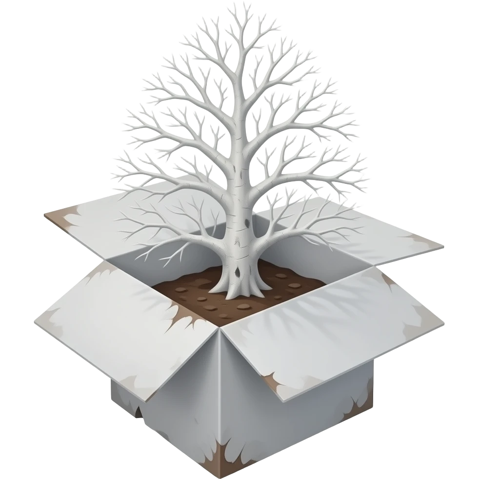 steampunk - white bare old tree grows from a dilapidated white box emoji