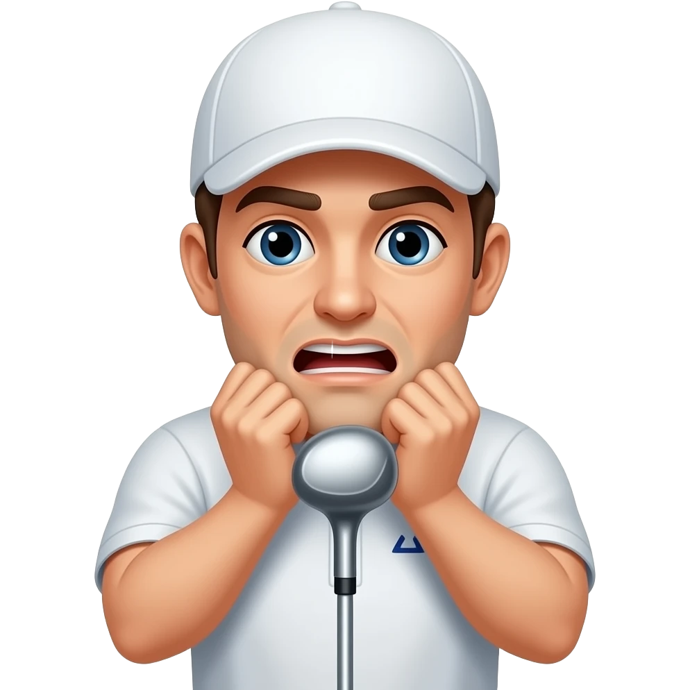Man holding his neck choking  white golf hatwith two hands golf club emoji
