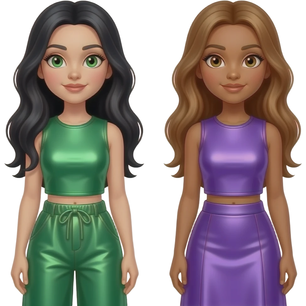 Bratz with Jade with white skin, green eyes, long black hair, green metallic crop top, green metallic baggy pants, Yasmin with brown eyes, long light brown hair, lilac metallic crop top and long skirt emoji
