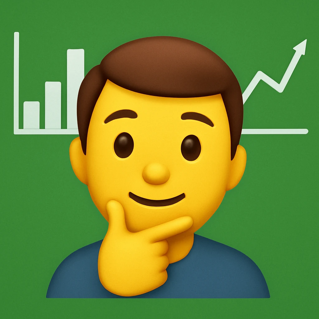 Person thinking with graphs in the background, apple emoji style, smiling with a closed mouth (no teeth), with a green background. The style should resemble apple emojis with concise details. emoji