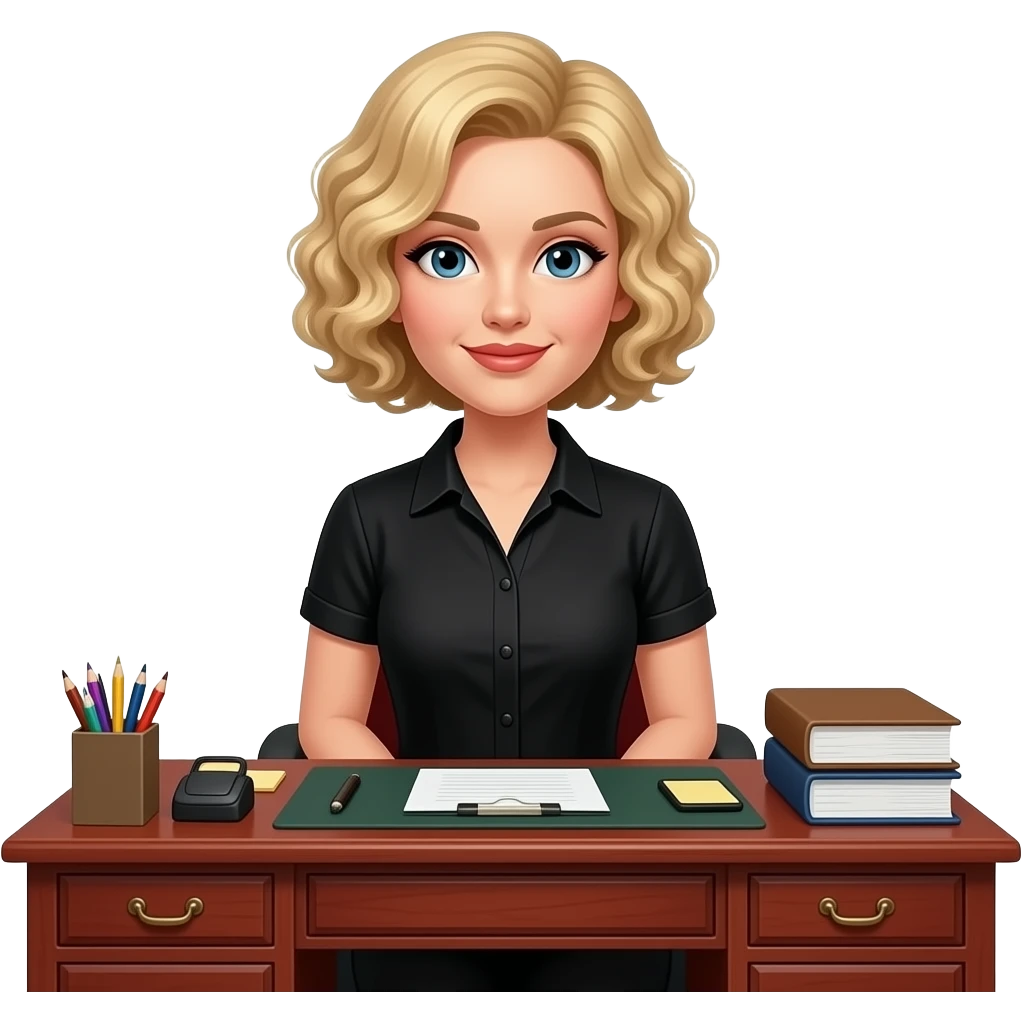 short blonde tight curly hair with office supplies on a antique red oak desk in a black short sleeve blouse emoji
