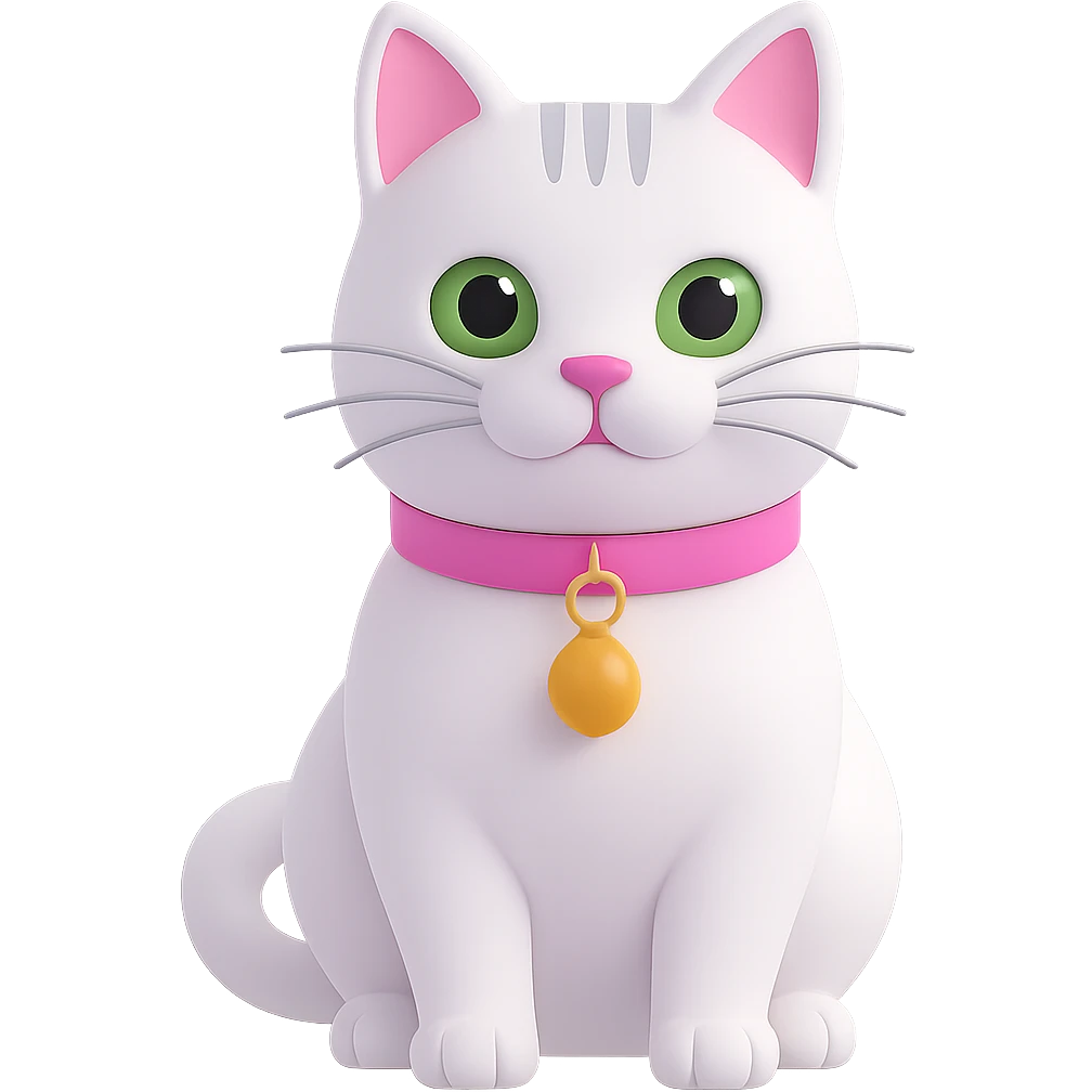 Edit the image of a white cat with a pink collar and a yellow bell on the collar. Change the cat's eyes to green. Remove the background so it is transparent. Maintain the style and details of the original image. emoji