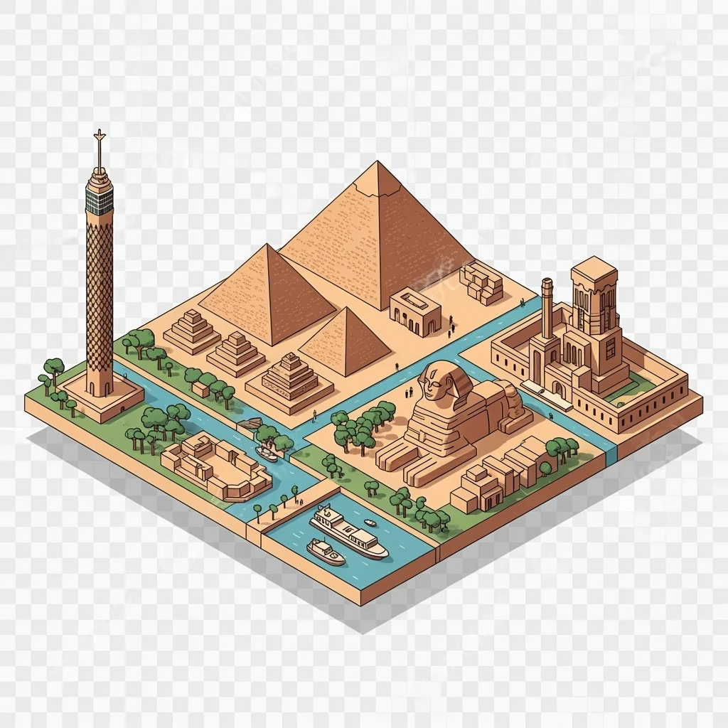 Isometric minimalistic illustration of Cairo - Pyramids of Giza, Sphinx, Cairo Tower, Nile riverbanks, subtle 3D miniature effect and Tilt Shift effect, no cartoonish look, transparent background. emoji