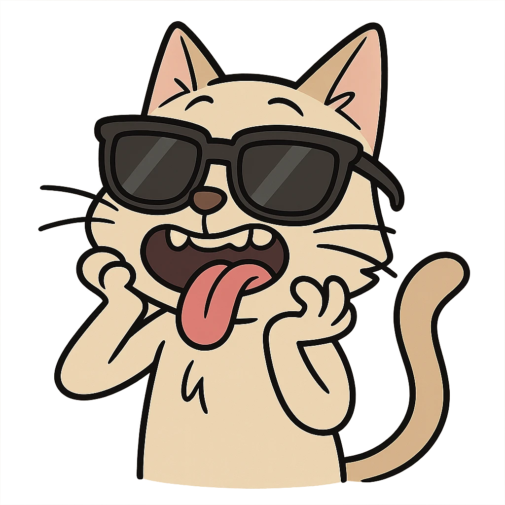 a cat wearing oversized sunglasses and making a silly face, cartoon style emoji