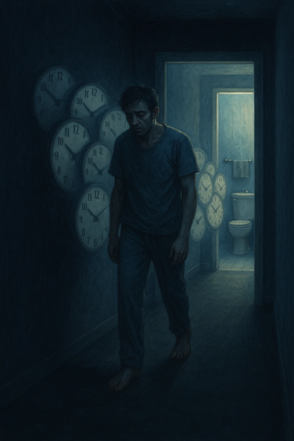 In una scena notturna onirica, un uomo cammina a piedi nudi in un corridoio buio verso un bagno illuminato, ripetutamente. Dietro di lui, come in una scia, ci sono orologi sfocati che simboleggiano il sonno interrotto. Ogni passo è lento, stanco, come se il corpo chiedesse riposo ma la vescica non lo permettesse. emoji