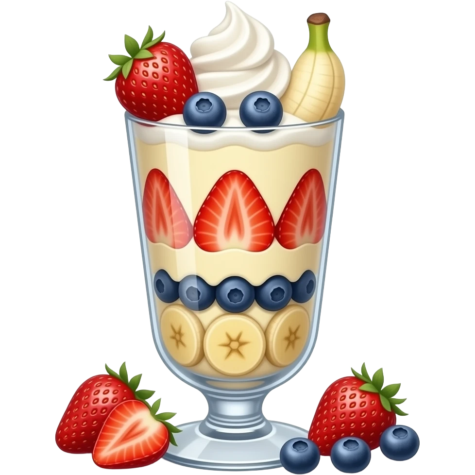 realistic -- pudding a la mode with fruit, custard and cream in elongated glass parfait dish emoji
