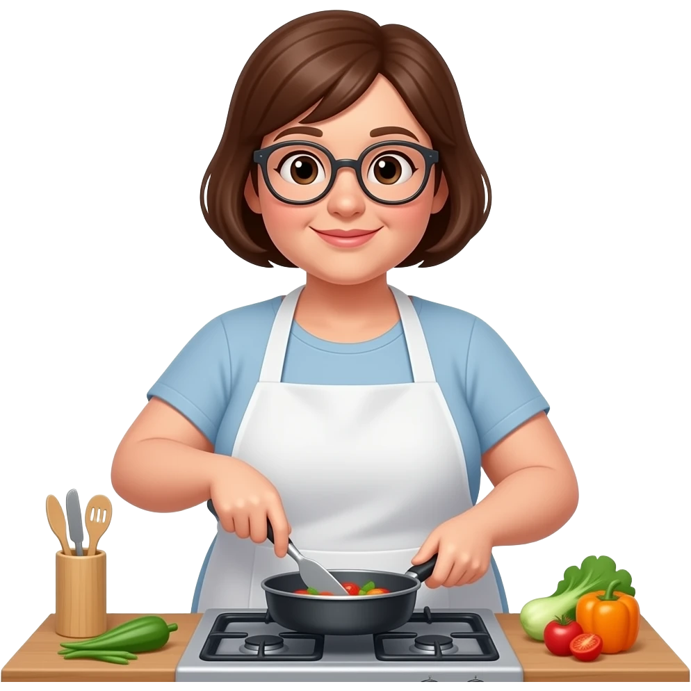 A 51-year-old woman who is slightly overweight, with very short brown hair, wears glasses, and loves to cook emoji