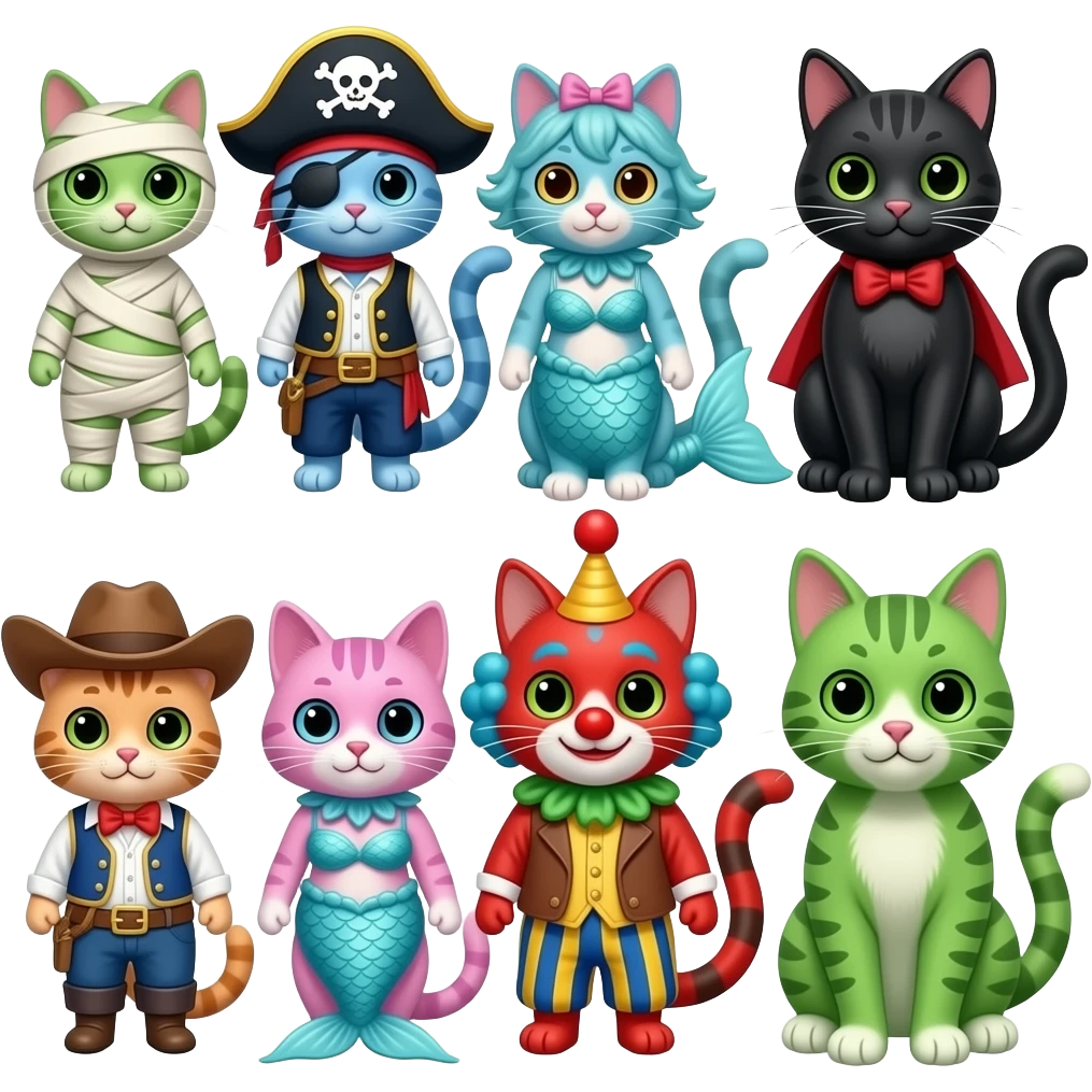 Green Cat wearing a mummy costume blue cat wearing a pirate costume black cat wearing mermaid costume  a pink cat wearing cowboy costume red cat wearing clown costume emoji