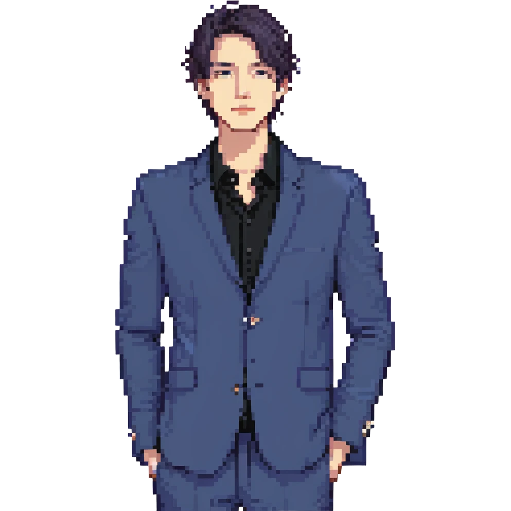 Flat pixel art, focused and confident male strategist, fair skin, short sleek dark hair, intense sharp eyes, wearing a deep indigo suit jacket over a black shirt, holding a blueprint in one hand, other hand thoughtfully touching chin, waist-up, front-facing emoji