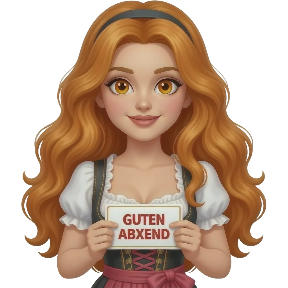 sexy girl with overlong ginger hair and ginger eyes wearing a dirndl holding GUTEN ABEND sign emoji