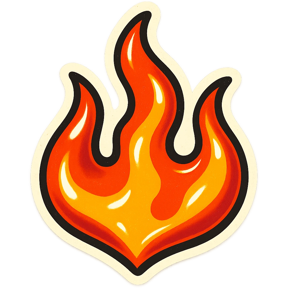 retro sticker style flame with three distinct flame tongues, bold outlines, juicy colors, shiny highlights, energetic and playful fire emoji