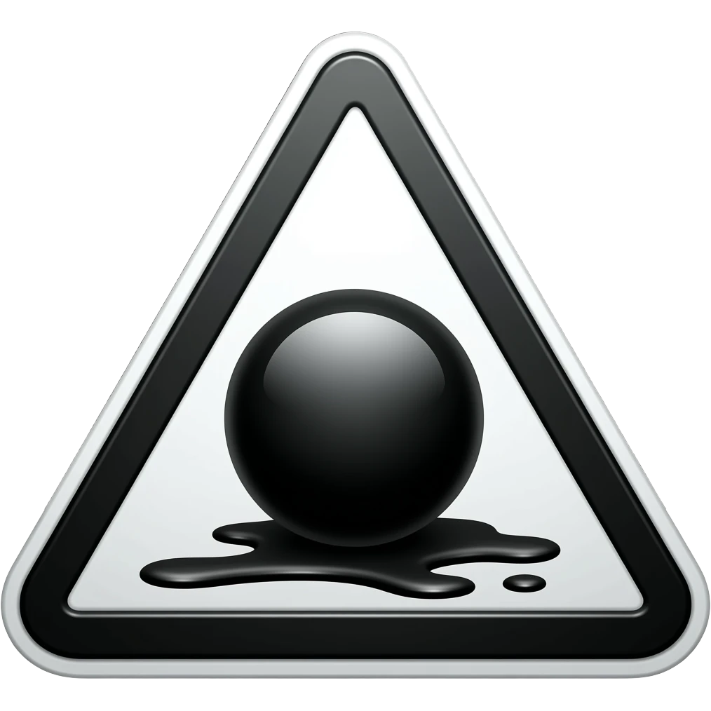 Simulated 3D render of a triangular warning sign icon with a white background and a black border, showing a large black sphere with stylized, dripping liquid simulation effects pooling inside, set against a black background. emoji