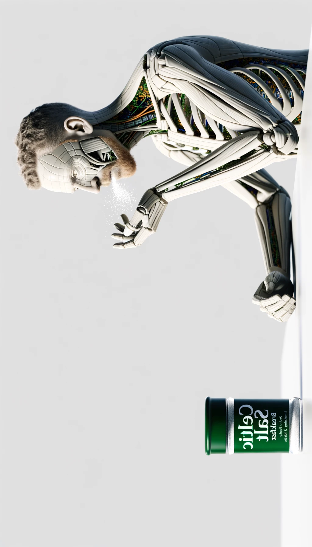 A REALISTIC ANATOMIC human body holding a jar with "CELTIC SALT" written on the label, he throws it in his mouth DURING BREAKFAST, NEUTRAL CLEAR BACKGROUND emoji