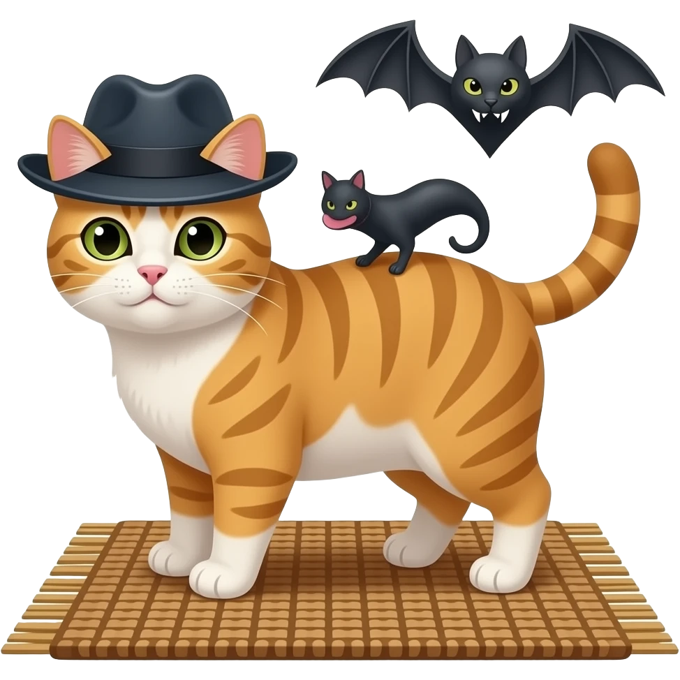 A cat with a hat and a bat on top of a mat emoji