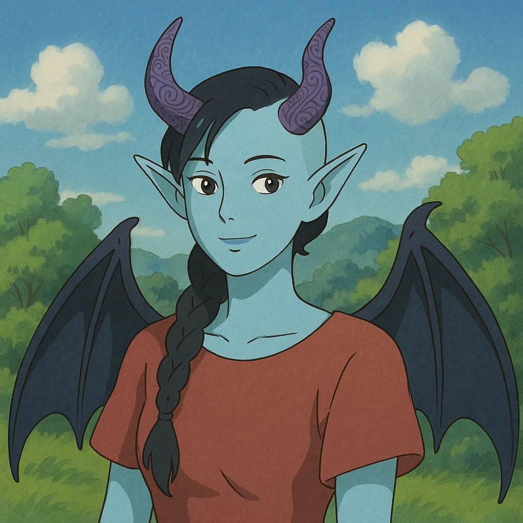 1 female, incubus, light blue skin, black hair, long braid, side of her head is shaved. Purple horns carved with inlay pattern. emoji