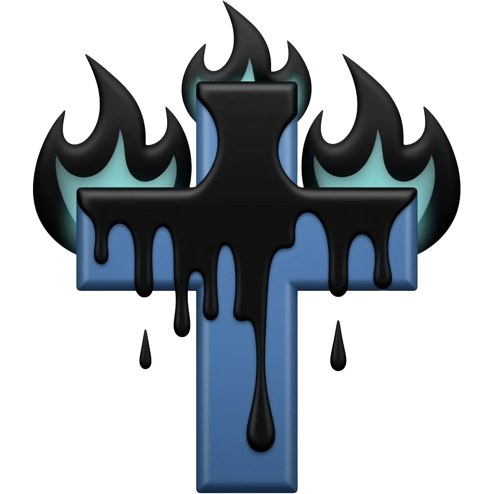 faça uma cruz azul escura saindo fogo preto dela, eu quero a cruz azul escura, sangue preto escorrendo nela emoji