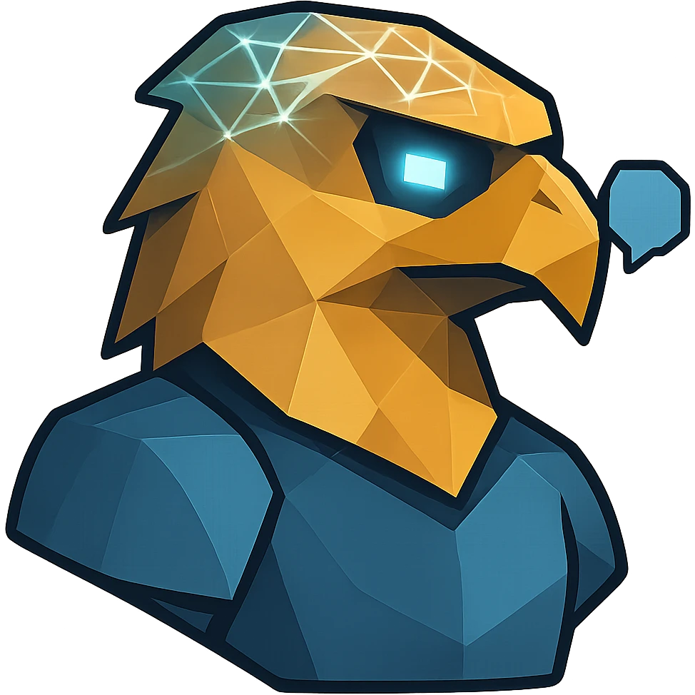 Transform the polygonal eagle head logo into an AI agent character. Keep the polygonal eagle head as the base, but add subtle digital eyes, a neural network pattern, and a speech bubble to suggest intelligence and interactivity. Ensure the background is fully transparent and the design is optimized for use as an AI agent icon, not just a logo. emoji
