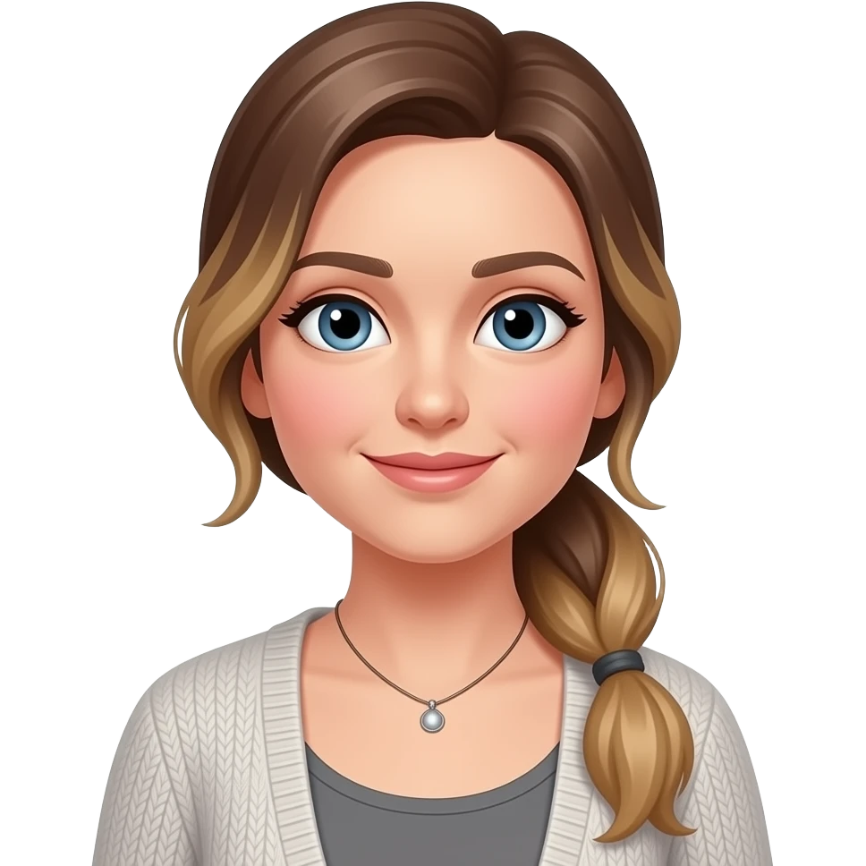 pink cheeks, smaller Blue eyes, light skin, longer brown/blond balage hair pony tail, 38 aged women, cardigan, grey top,small necklace emoji