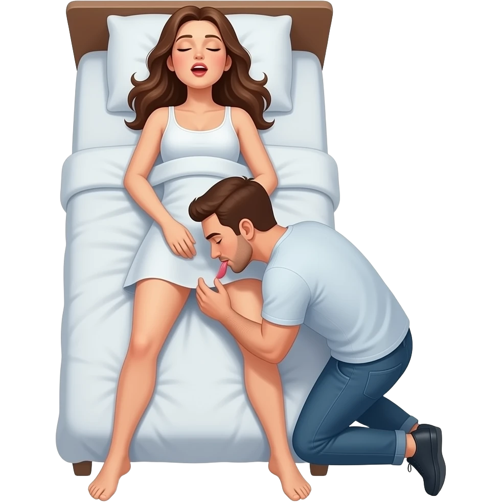 naked woman lying on back, on bed, head tilted back, mouth open, eyes closed,  Men kneel in front of a woman, you are with your head and your body between her legs, you lick her private area emoji