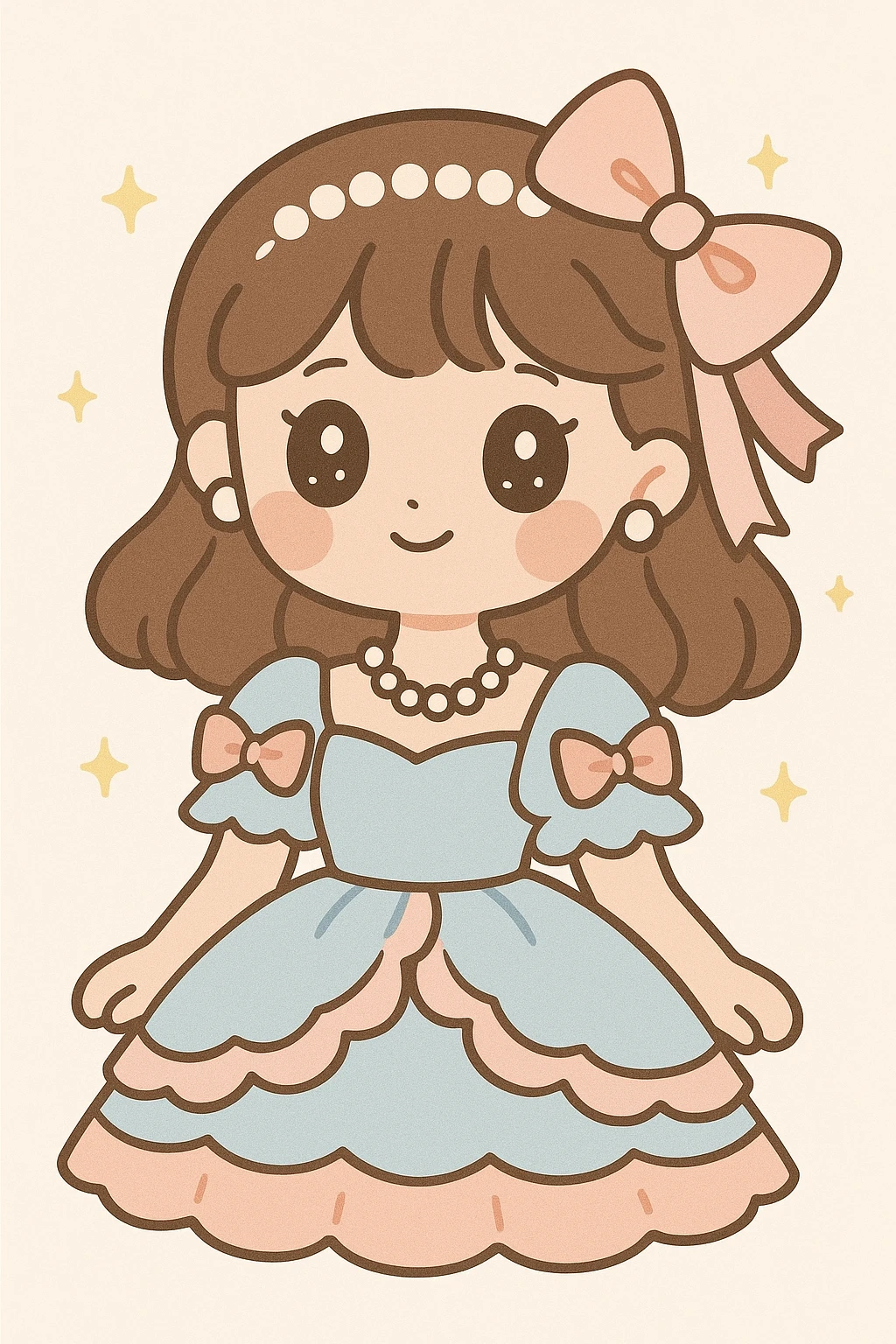 a girl in coquette style wearing a frilly dress with ribbons, soft lighting, rosy cheeks, pearl accessories, dreamy elegant atmosphere emoji