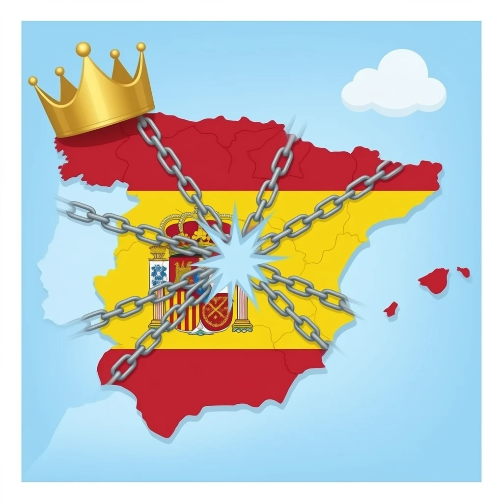 Map of Spain wearing a crown and breaking free from chains, cartoon emoji style emoji