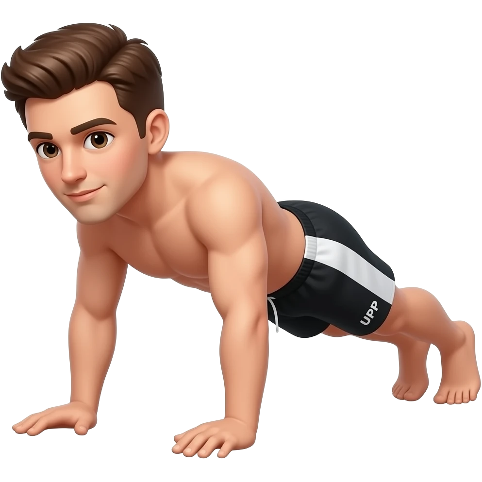 guy with brown hair with white white and black shorts that say "UPP" in white on the side doing a low plank (forearms touching parrallel the ground) emoji