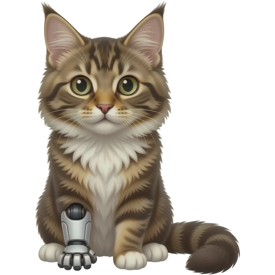 maincoon kitten with a robotic left front leg emote facing us emoji