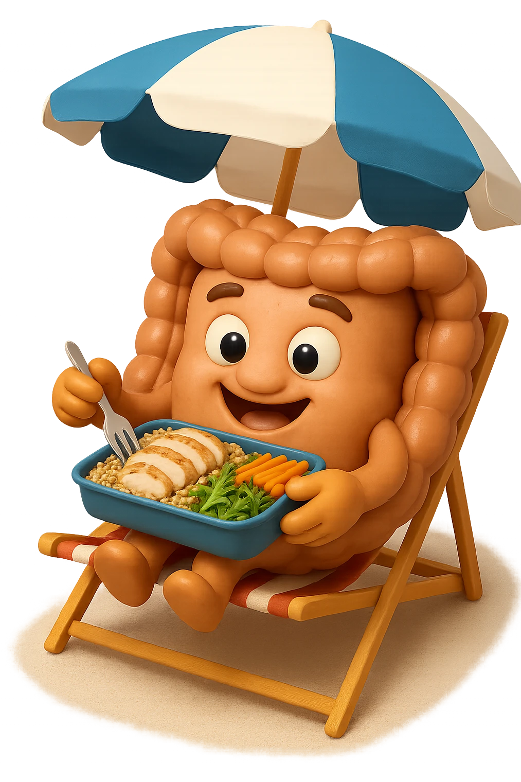 EMOJI STILE IPHONE DI INTESTINO IN SPIAGGIA SU UNA SPIAGGINA SOTTO L'OMBRELLONE CON IN MANO UNA SCHISCETTA DI Insalata di quinoa e pollo con rucola e carote, iperrealistica 4k emoji
