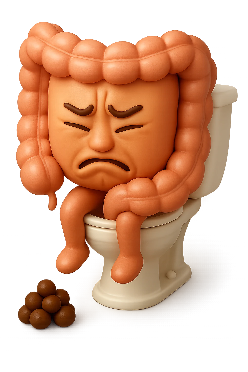 SU QUESTO STILE FAI UN EMOJI STILE IPHONE 3D DI UN INTESTINO CHE sta seduto sul wc e davanti ha una montagnetta di feci a palline stile emoji iphone, FAGLI UN ESPRESSIONE di dolore mentre si sforza E FALLO MOLTO REALISTICO IN 3D emoji