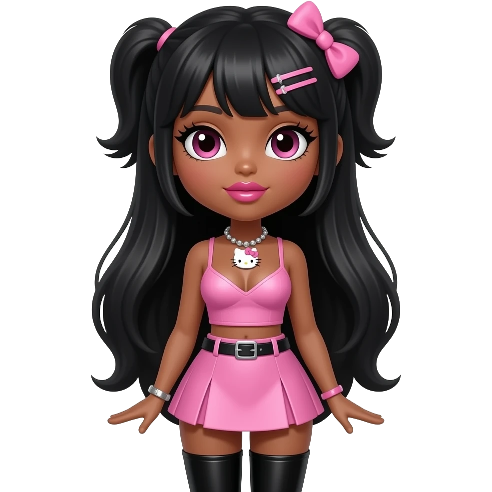 heart shaped lips, cute glossy lips, doll eyes with long lashes, dark brown skin, black hair, big chest, hello kitty necklace, one bow clip, bimbocore outfit emoji