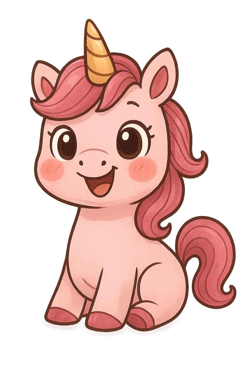 a cute pink unicorn, original design, big eyes, blushing cheeks, joyful emoji